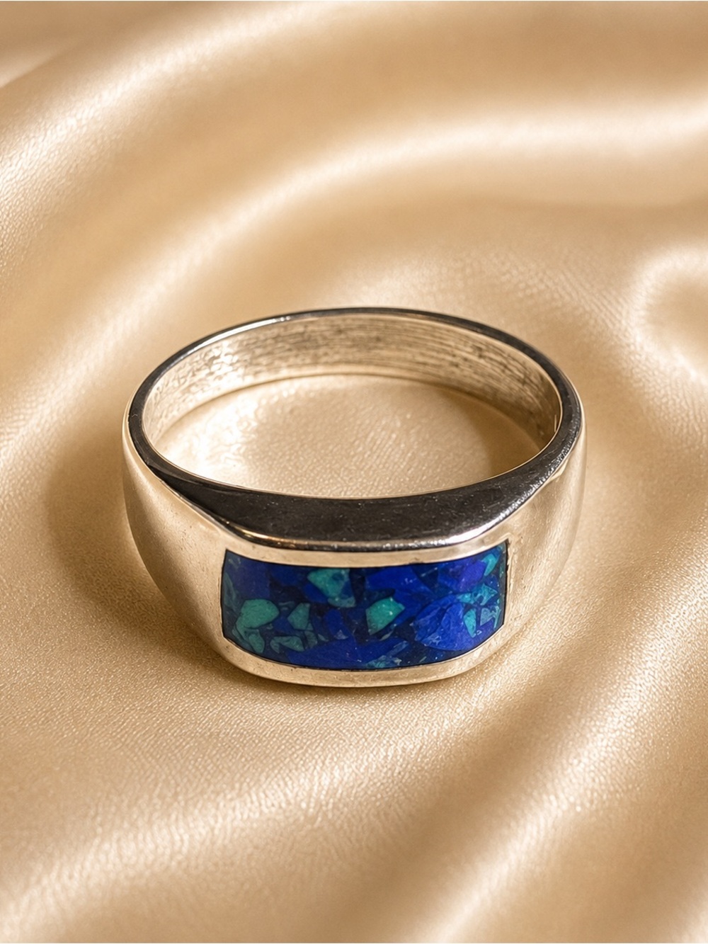 925 Sterling Silver Blue Green Mosaic Wide Band Ring Sz 5